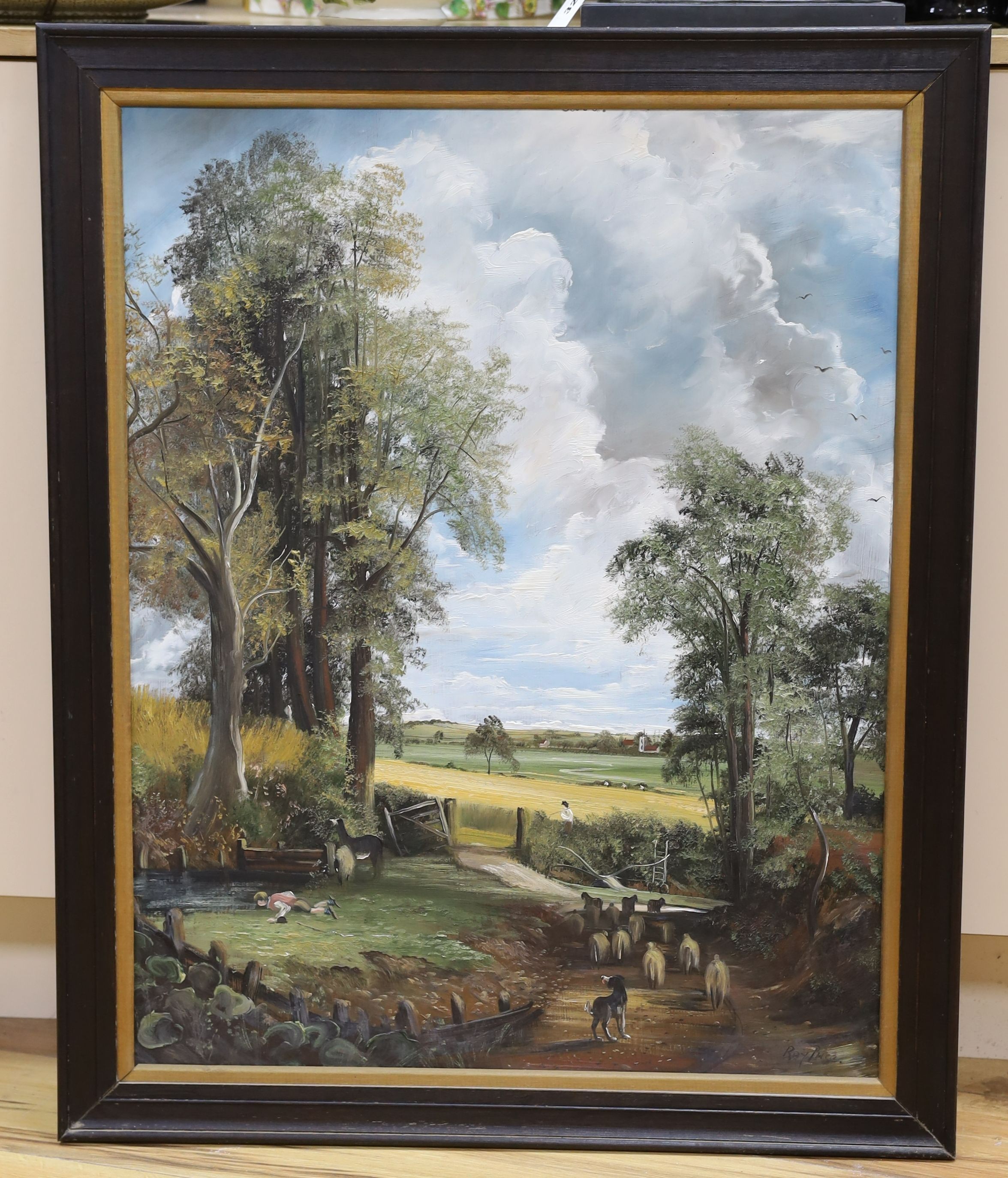 Raymond Price (20th century), four oils on board, Landscape after Constable, Beach scene, Salisbury Cathedral and Cattle on a lane, signed, largest 72 x 56cm